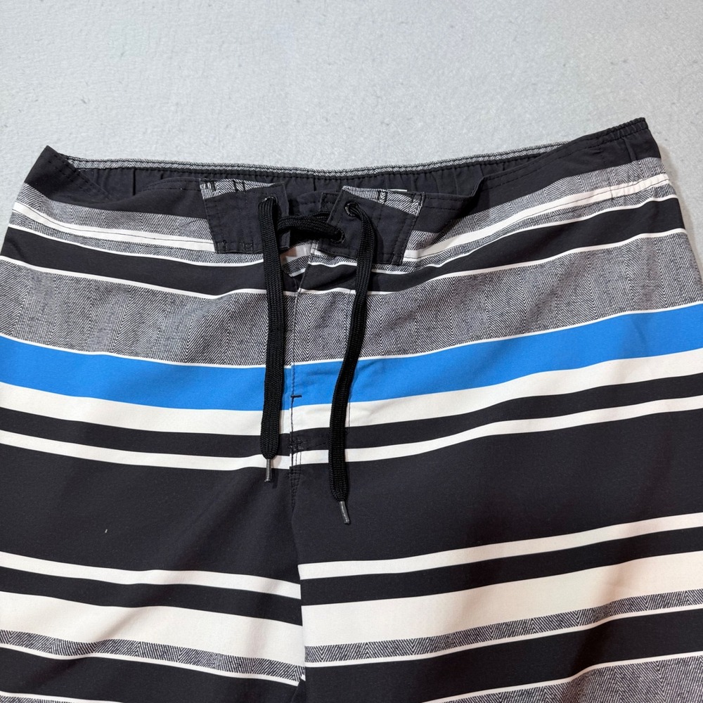 Hang Ten Striped Board Shorts Mens Large Blue Black‎ White Swim Trunks, Summer
